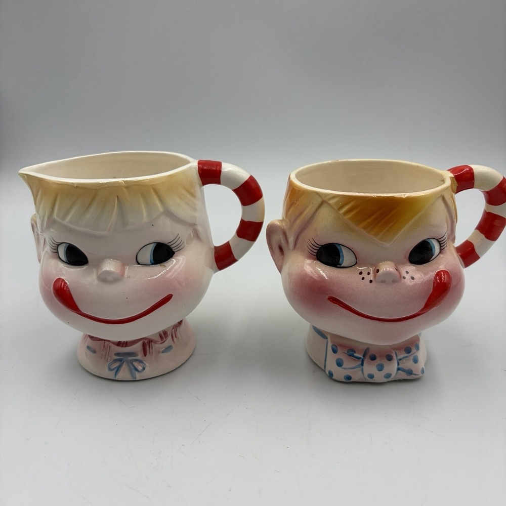 Vintage Yum-EE-Yum Sugar And Creamer Set Mid Century Modern MCM Unique‎ Read